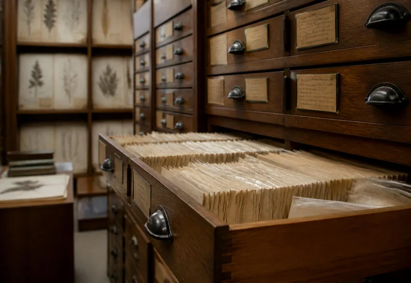 Wooden specimen drawers in a research archive, one drawer open on catalogued envelopes.