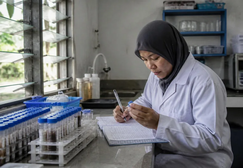 A researcher writing sample records by hand in a paper logbook beside racks of labelled vials.