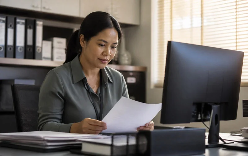 A research administrator reading a printed access approval at her desk.